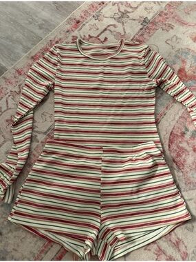 Ribbed Long-Sleeve Striped Pajama Set in Cream, Red & Green